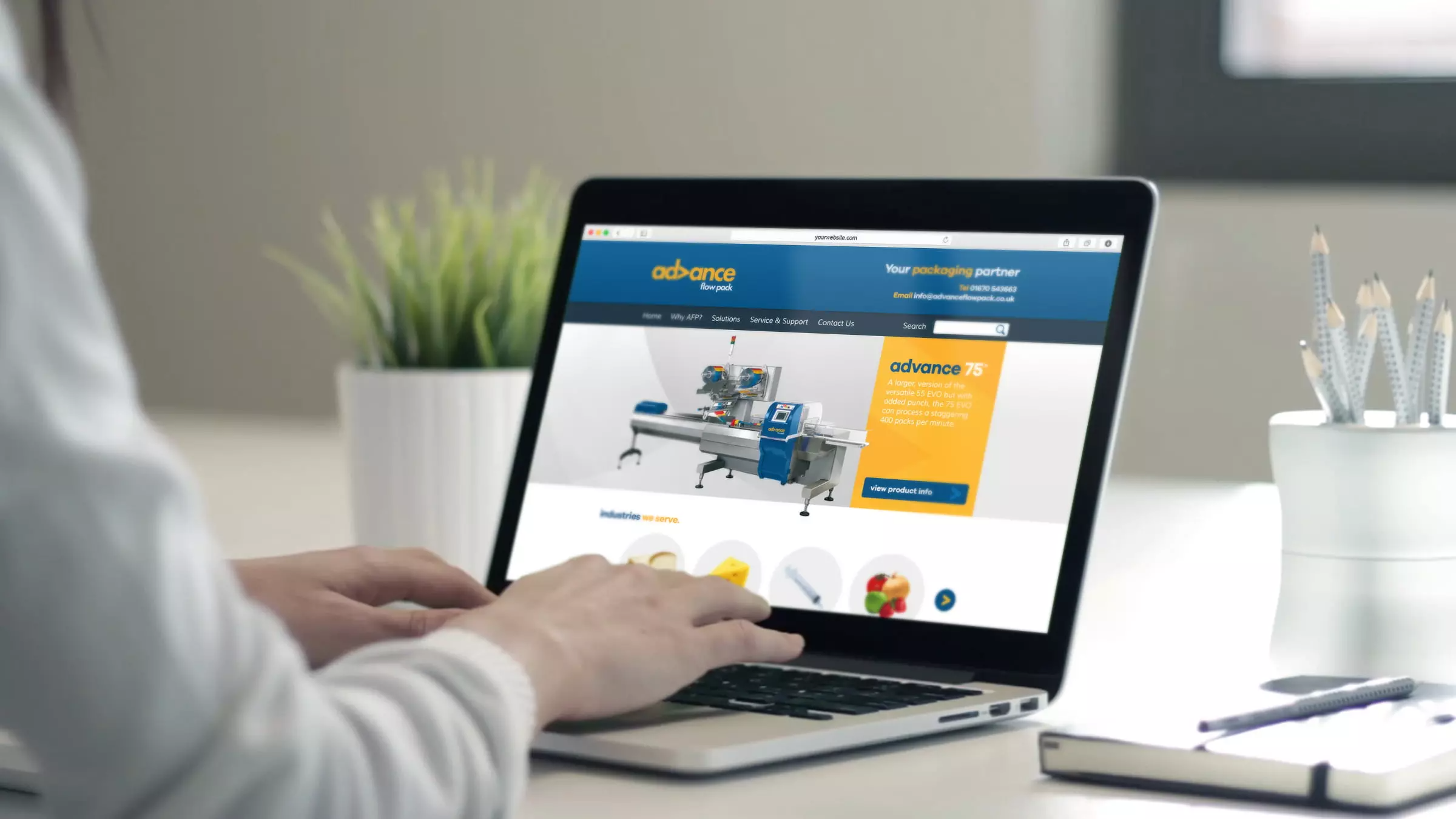 Advance Flow Pack website being viewed by a person on a laptop