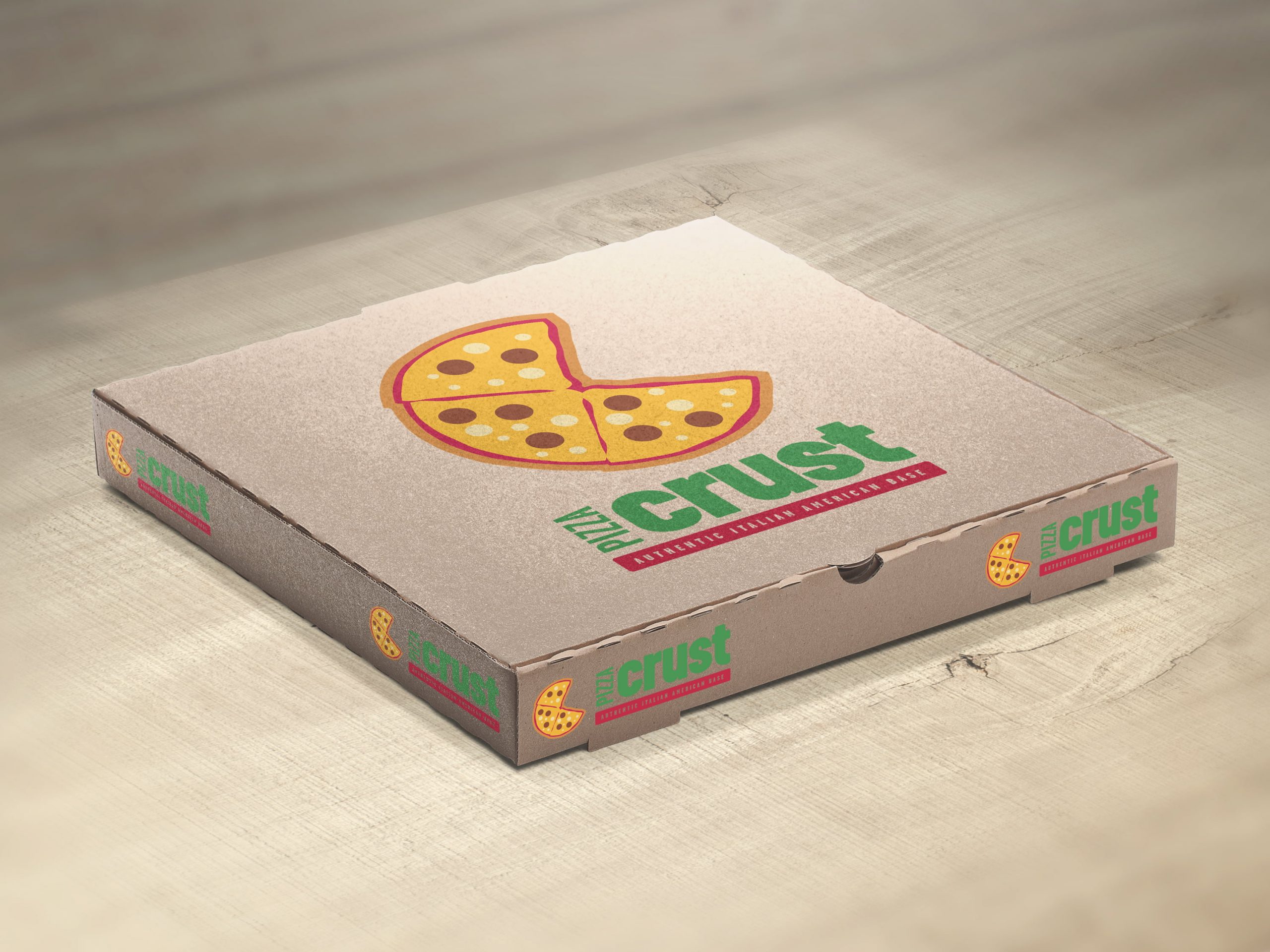Pizza Crust company pizza box with graphic design on front by Sleeky